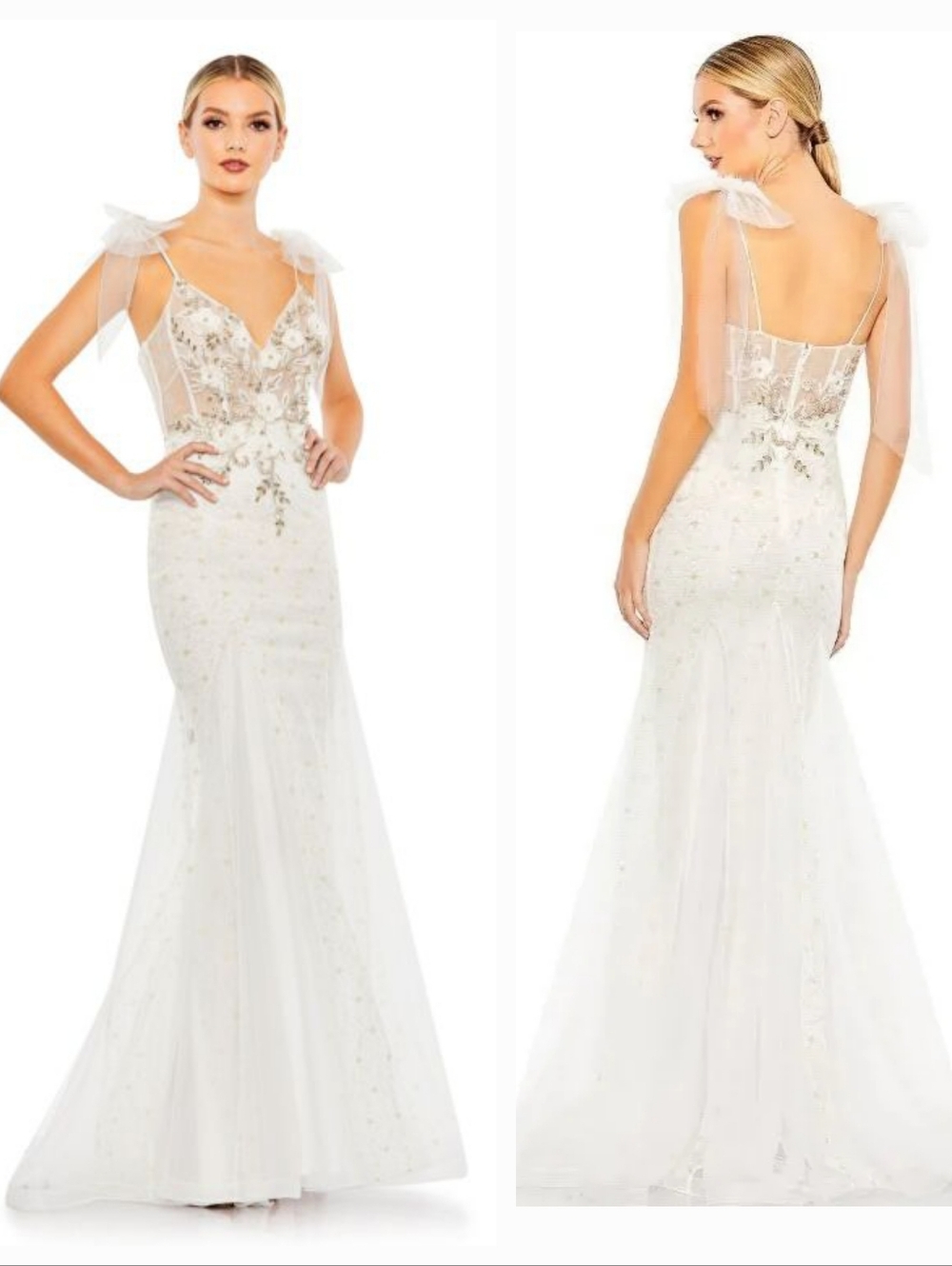 Mac Duggal White And Gold Crystals Tulle Mermaid Gown with Sheer Bow Straps